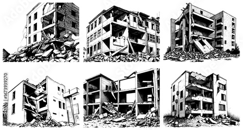 Destroyed buildings in detailed ink drawing style, black and white, representing disaster and ruin