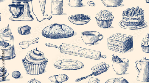 Set of Baking and cake tool doodle element hand