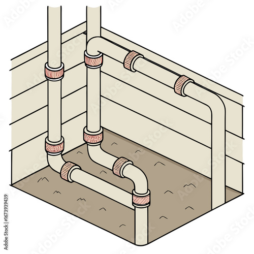 Isometric illustration of a plumbing system with pipes and connectors running through a foundation wall and underground