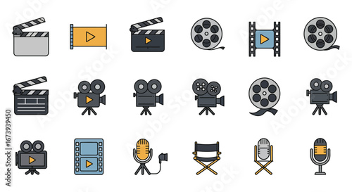 Film and movie production icons and equipment illustrations