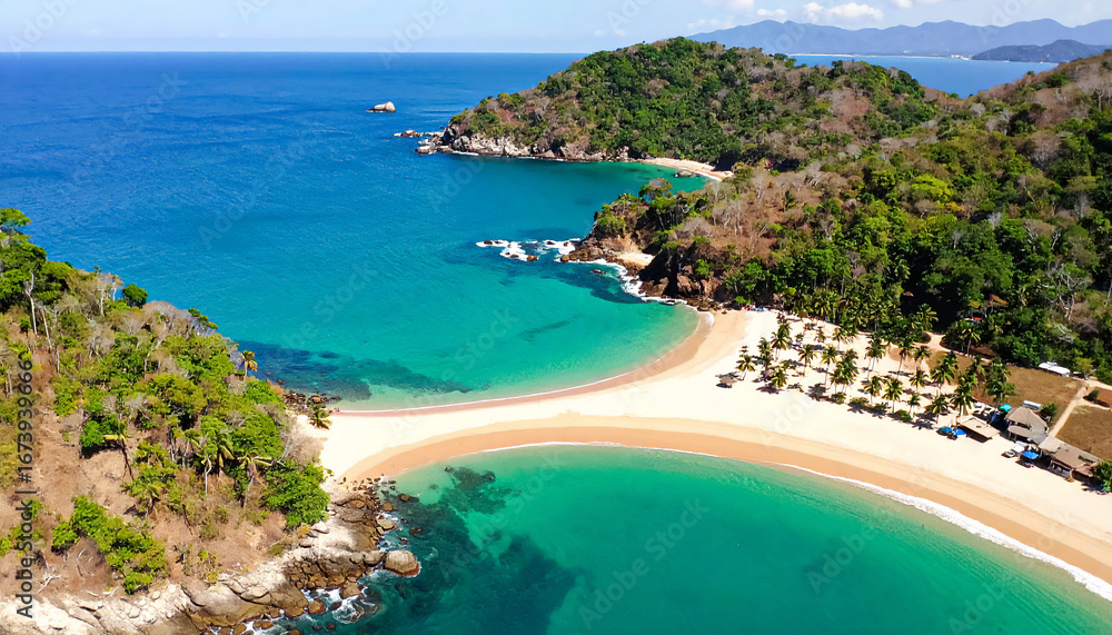 Obraz premium Aerial photography over the sea coast on love beach, or playa del amor