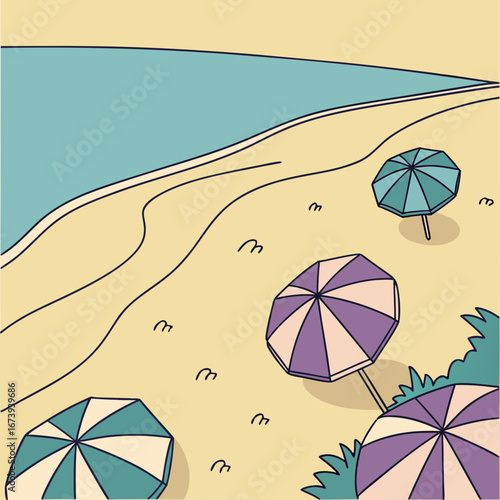 Serene beach scene with colorful umbrellas and gentle waves under a clear sky