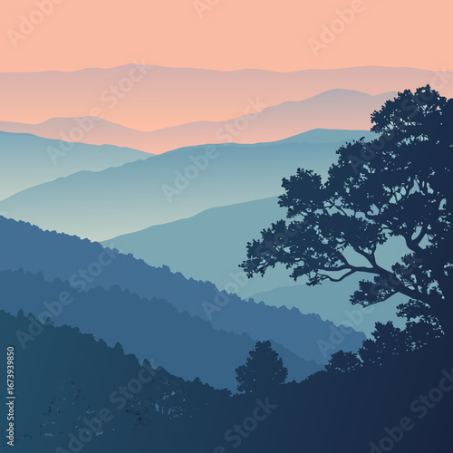 Serene mountain landscape at dawn with layered hills and a silhouetted tree against a soft peach sky