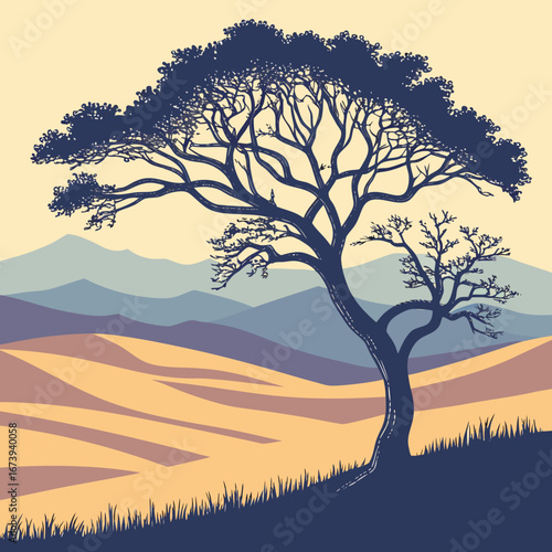 Silhouette of a large acacia tree against a backdrop of rolling desert dunes and distant mountains