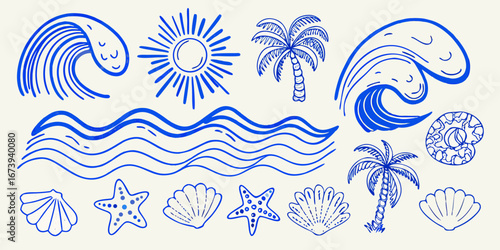 Blue Hand Drawn Summer Beach Elements With Waves Sun Palm Trees And Shells ocean