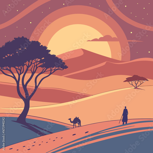 Stylized desert landscape at sunset with a camel and traveler silhouetted against the warm sky