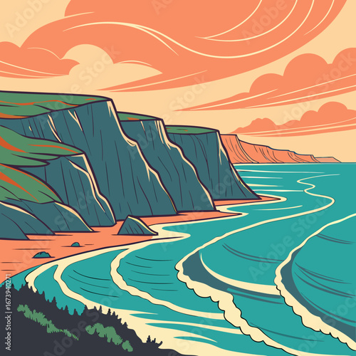 Stylized illustration of a dramatic coastal landscape with towering cliffs and turquoise ocean waves under a colorful sky