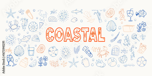 Coastal Summer Doodles With Beach And Ocean Elements And Text vector illustration