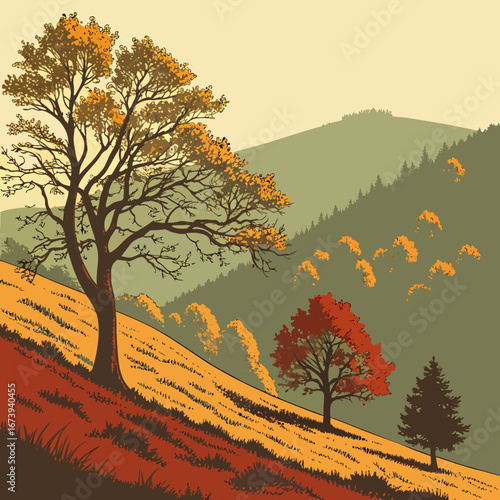 Stylized illustration of a rolling hillside with trees displaying vibrant autumn foliage and distant misty mountains