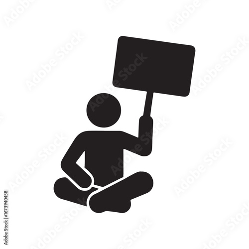 "Protester Sitting with Signboard Silhouette Icon"

