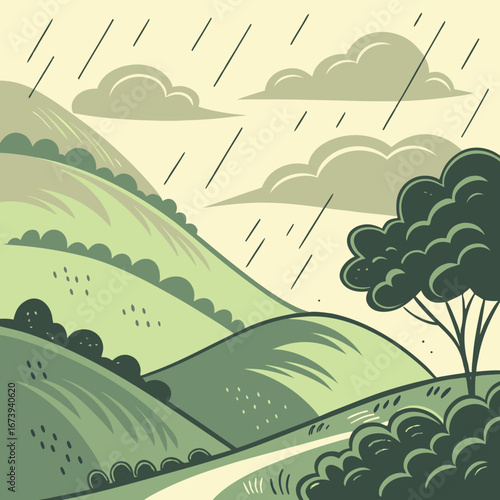 Stylized rolling green hills under a cloudy sky with falling rain and a solitary tree