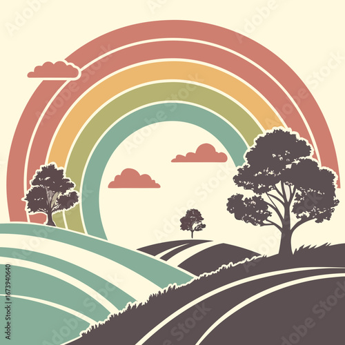 Stylized vintage landscape with a colorful rainbow arching over rolling hills and silhouetted trees