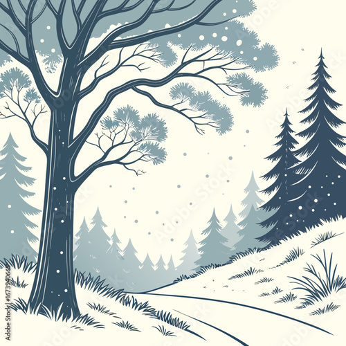 Stylized winter forest scene with a large bare tree and snow falling gently on a quiet path