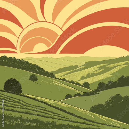 Stylized rolling green hills under a vibrant sunrise with abstract sun rays and warm sky colors