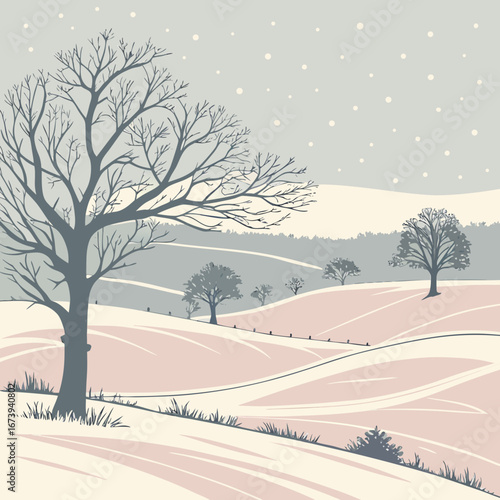 Stylized winter landscape with bare trees rolling hills and falling snow under a muted sky