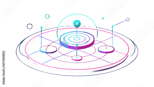 Futuristic circular target interface with glowing gradient elements symbolizing focus and data coordination
