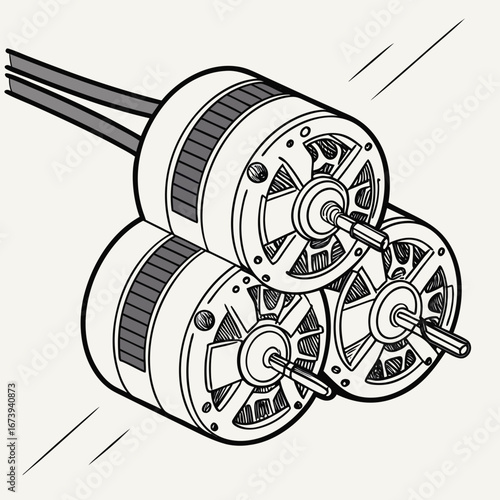 Three brushless dc electric motors with wires are stacked together in a dynamic illustration style