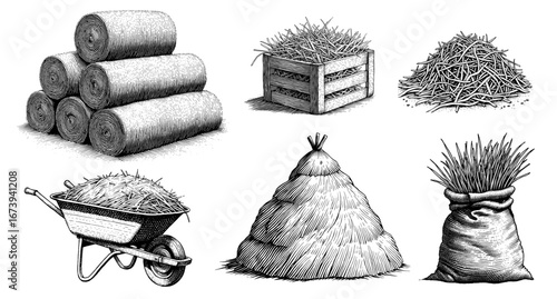 Various hay storage methods in a vintage engraving style in black and white