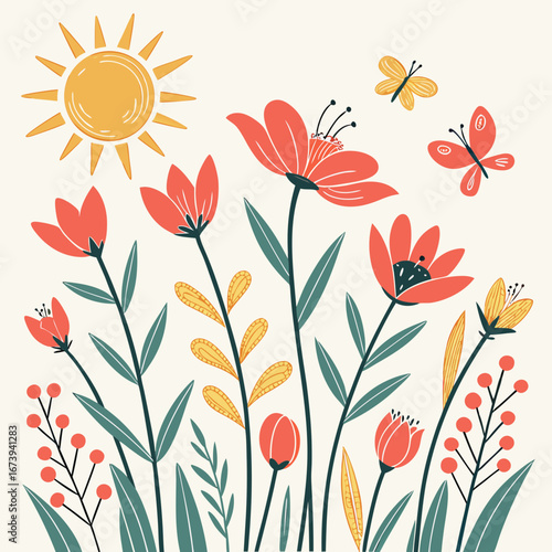 Whimsical illustration of a sunny meadow filled with blooming flowers and fluttering butterflies in a charming flat design style