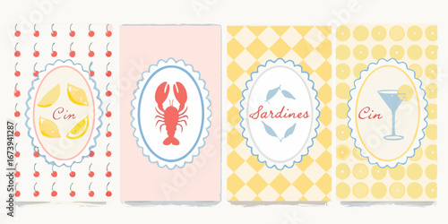 Four Retro Food Labels Featuring Seafood Fruit and Drinks vector illustration