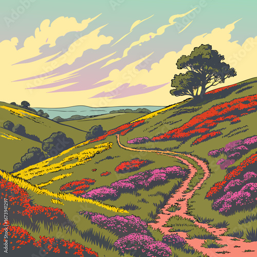 Vibrant wildflowers in full bloom carpet rolling green hills with a winding path leading to a lone tree