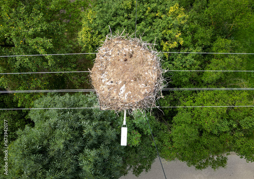 Empty stork nest on a electricity pylon in Mazowsze region, Poland