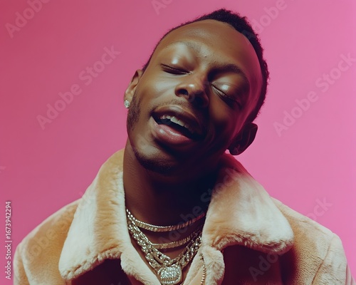 Stylish Young Man Pink Background Portrait, Fashion, Hip Hop Music