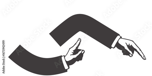 A surreal illustration of multiple disembodied arms in suits, each pointing in different directions, creating a sense of confusion, repetition, and endless circular motion.