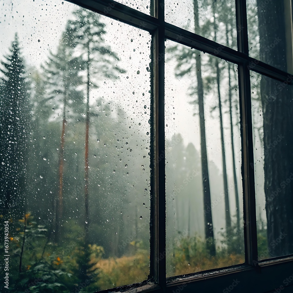 Naklejka premium Rain-soaked glass window with blurred forest background, moody and cozy atmospheric nature wallpaper design for desktop, mobile, and presentation backgrounds with calming rainy effect