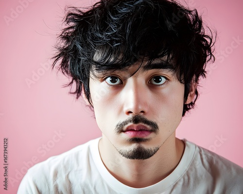 Serious Asian Man Portrait Pink Background Studio Shot