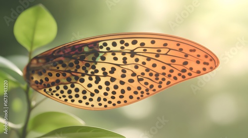 Closeup of a Single Orange Butterfly Wing with Black Spots on Green Leaves