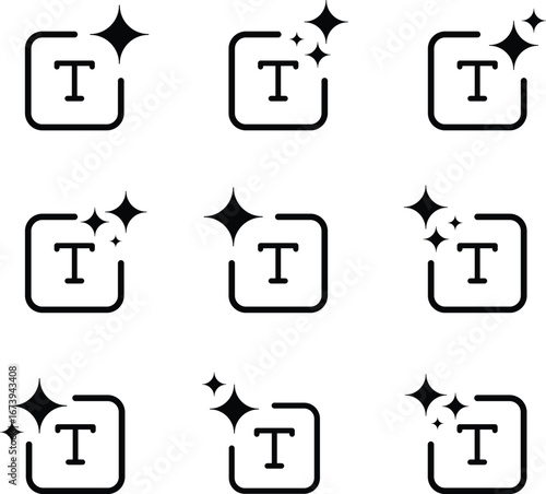 Set of generative text AI icons, flat vector collection with sparkle letter symbols, artificial intelligence text generation graphics for technology, apps, web UI, branding. Vector illustration