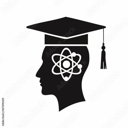 Profile view of a person with a graduation cap and an atom symbol in their head, representing scientific education and achievement.