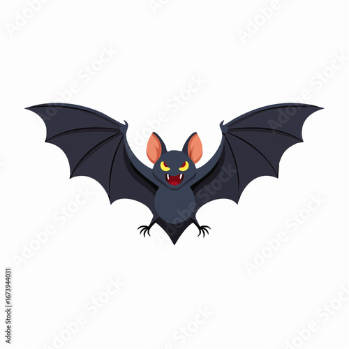 A cartoon illustration of a spooky flying bat with spread wings, glowing yellow eyes, and sharp fangs, isolated on a white background.