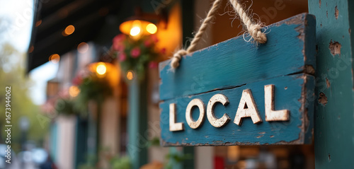 Fototapeta Naklejka Na Ścianę i Meble -  Close-up of rustic teal wooden sign with raised white letters spelling LOCAL. Sign hangs from rope in front of blurred small business storefront with warm lights and plants.