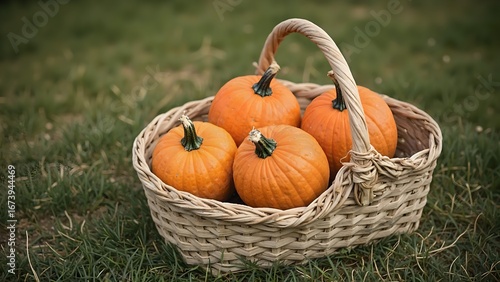 Wallpaper Mural Fresh Orange Pumpkins in Wicker Basket on Grass Torontodigital.ca