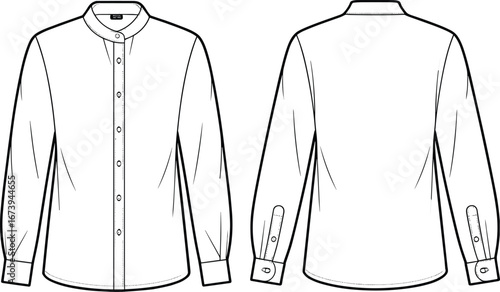 Technical flat sketch of long sleeve button up shirt front and back views with stand collar, cuffs, yoke, and darts
