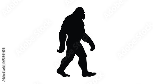 A black silhouette of a bigfoot walking on a plain white background