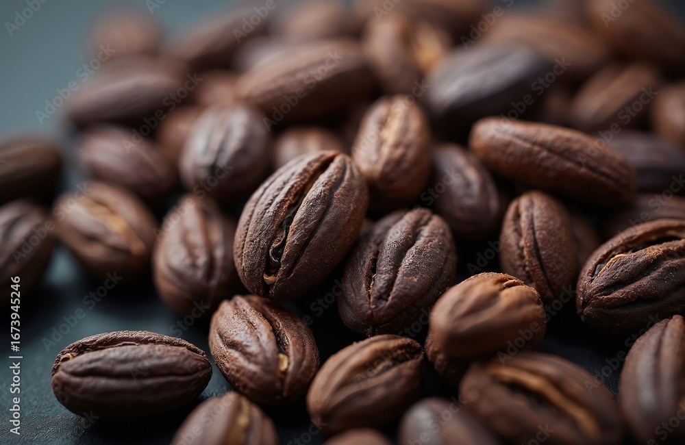 Obraz premium Close-up of premium quality Tonka beans, dark rich brown. These aromatic seeds are used for sumptuous baking, cooking, and flavoring desserts. Ideal for exotic cookery and gourmet food.