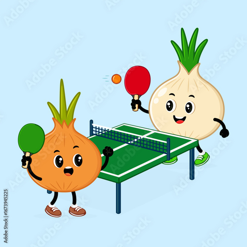 Two cute onion characters enjoy a game of table tennis in a playful cartoon style.