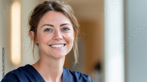 Free Download Bright smiling woman with clear skin in professional setting with natural light. - GFXLoad