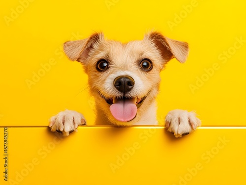 Happy Puppy Peeking Over Yellow Banner Adorable Dog