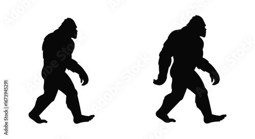 Silhouettes of two bigfoot or sasquatch walking in profile on white background