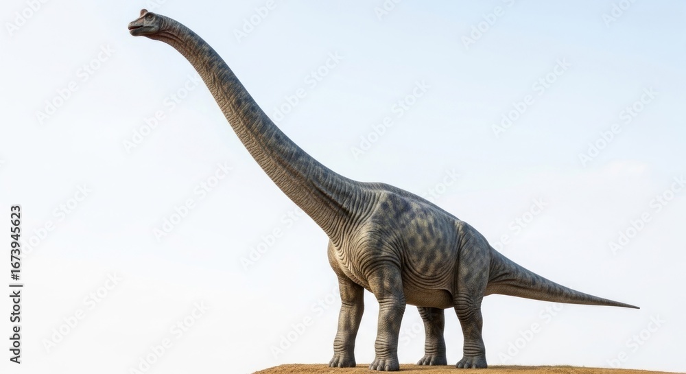 Fototapeta premium Huge grey sauropod dinosaur with long neck against a bright sky