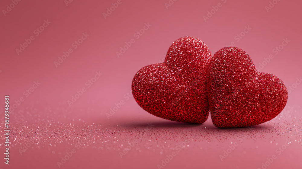 Fototapeta premium Two red hearts with glitter on a pink background, a banner for a Valentine's Day celebration. 3D rendering, studio lighting, high-resolution photography,