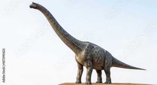 Huge grey sauropod dinosaur with long neck against a bright sky