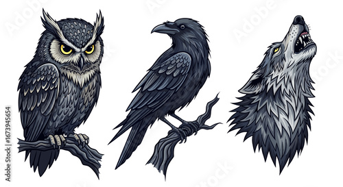 An illustration of Owl, Raven, and Wolf, the perfect addition to any art collection