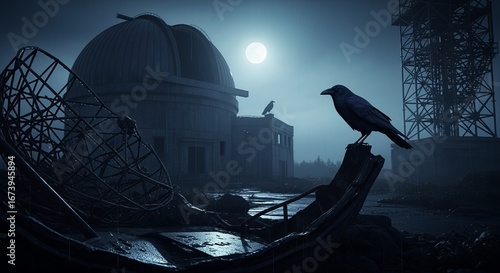 Mysterious Black Bird Perched at Observatory in Moonlit Blue Landscape