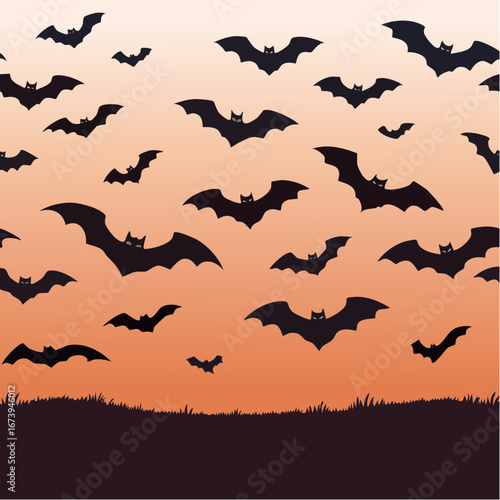 A swarm of black bat silhouettes flying against an orange gradient sunset sky for Halloween.