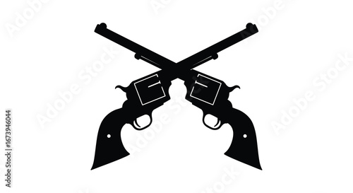 Two crossed black revolver pistols in a crisscross pattern on white background